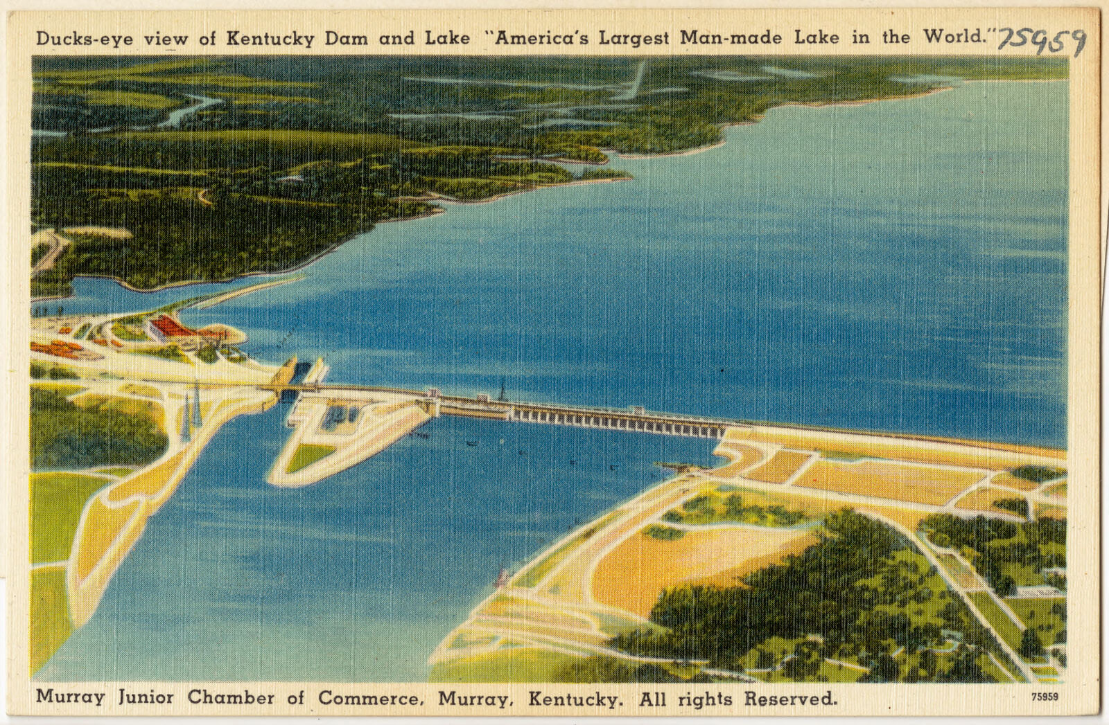 Ducks-eye view of Kentucky Dam and Lake "America's Largest Man-made Lake in the World.", Boston Public Library - undated