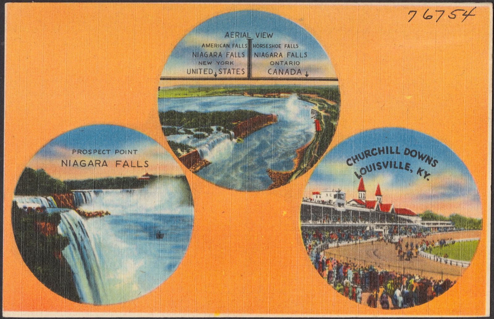 Aerial view, American Falls, Niagara Falls, New York, United States. Horseshoe Falls, Niagara Falls, Ontario, Canada. Prospect Point, Niagara Falls. Churchill Downs, Louisville, Ky., Boston Public Library - undated