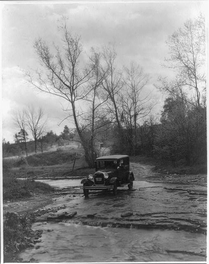Ford automobile in creek in Oldham County, Kentucky