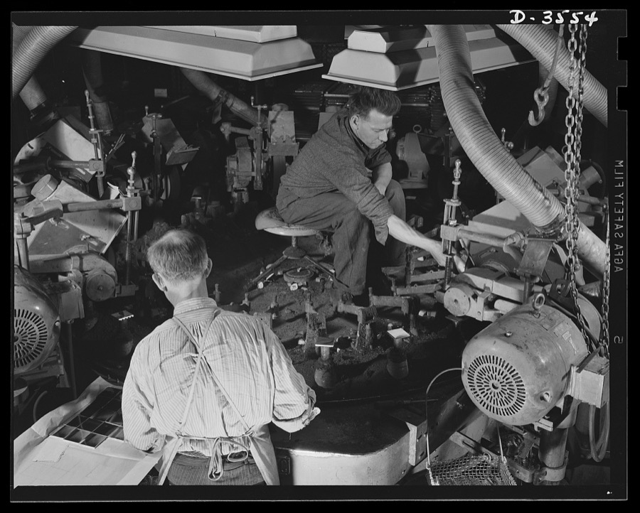 Conversion. Watch cases to war production. Milad's compact goes to war  as a compass case. When operators at a Kentucky watch case factory ran the last batch of compacts through the automatic polishing machine, they immediately began work on war essentials. Wadsworth Watch Company, Louisville, Kentucky