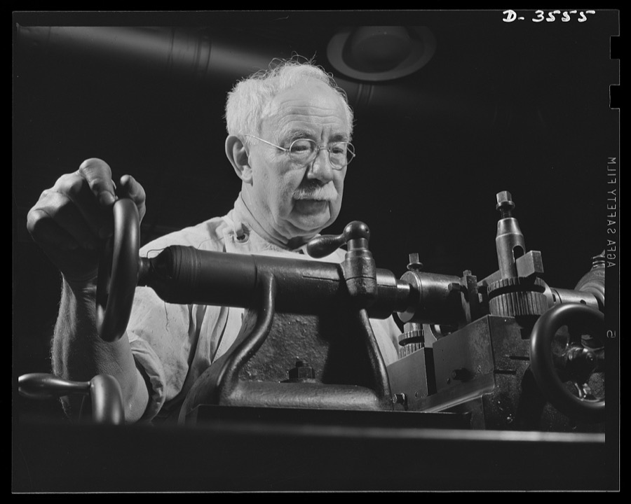 Conversion. Watch cases to war production. His hair is white, but his eye is keen. Fifty years of precision work for a Kentucky watch-case manufacturer, now converted to war production, gave this artisan rare skill in developing fine dies for the arsenal of democracy. Wadsworth Watch Company, Louisville, Kentucky