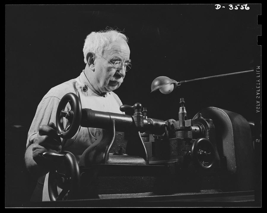 Conversion. Watch cases to war production. His hair is white, but his eye is keen. Fifty years of precision work for a Kentucky watch case manufacturer, now converted to war production, gave this aritsan rare skill in developing fine dies for the arsenal of democracy. Wadsworth Watch Company, Louisville, Kentucky