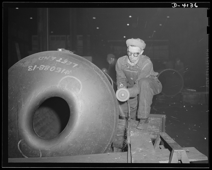 Production. Marine boilers. A seam on a marine boiler is ground in a big Midwest plant producing essential equipment for the Army
