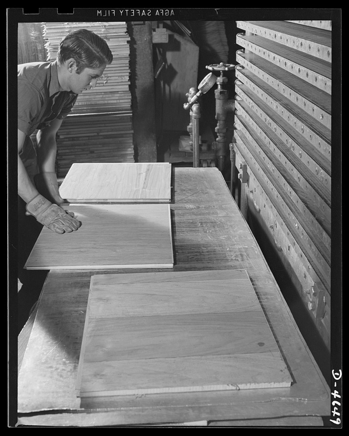 Production. Plywood for aircraft and boats. Plywood panels for combat planes and boats. These panels, produced in a Midwest plant, have remarkable properties. The synthetic resins used as adhesives make a bond that is stronger than the wood itself, and they resist water so well that they may be boiled without injury. Louisville, Kentucky