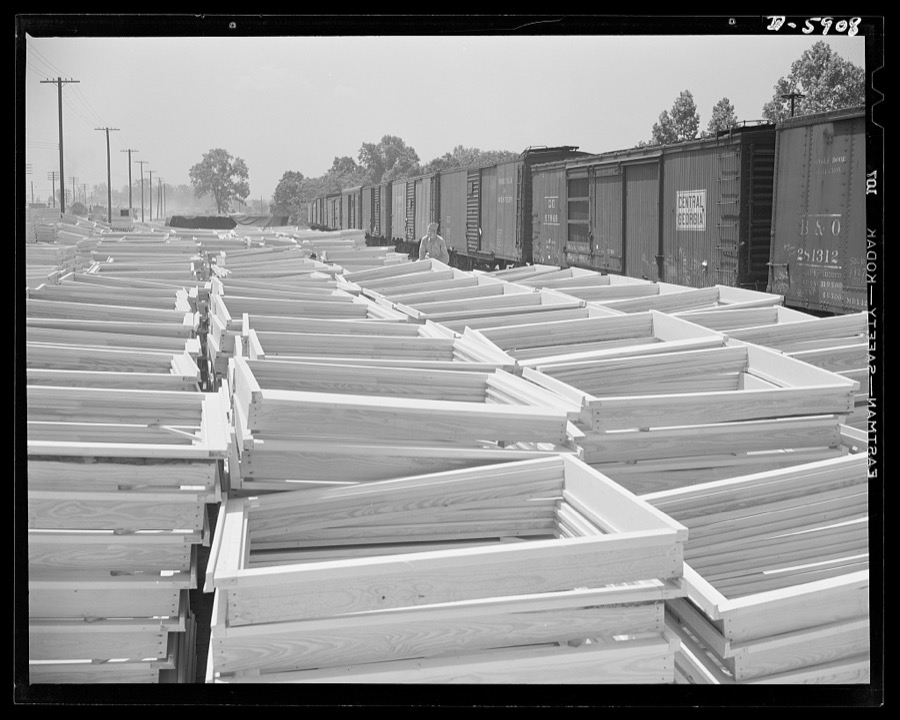 Fort Knox. Army cantonment construction. Window frames at a siding near Fort Knox, Kentucky. These will be used in the building of barracks and other structures needed by the Army in the training of soldiers for combat duty