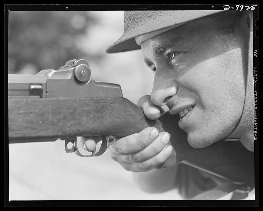 Fort Knox. Garand rifle. An American "ace in the hole" in this global war is our ability to furnish an unbearable combination of good men and good weapon. This infantry man, in training a Fort Knox, Kentucky, has learned that his M-1 (Garand) rifle is a weapon without peer. He can be depended on to perform notable with it
