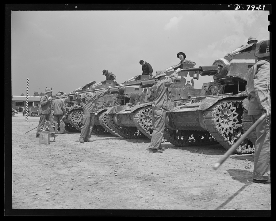 Fort Knox. Maintenance of mechanized equipment. Soldiers in training at Fort Knox, Kentucky, clean the guns of their light tanks. The Army is very particular about its weapons and other equipment, and one of the first lessons the recruits learned is to give them the attention they require
