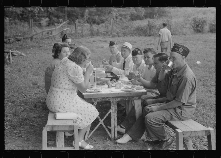 Legionnaires and their wives eating and drinking beer at American Legion fish fry, Oldham County, Post 39, near Louisville, Kentucky
