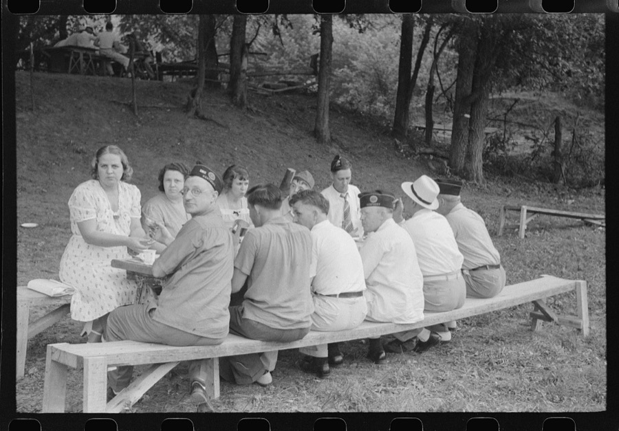 Legionnaires and their wives eating and drinking beer at American Legion fish fry, Oldham County, Post 39, near Louisville, Kentucky