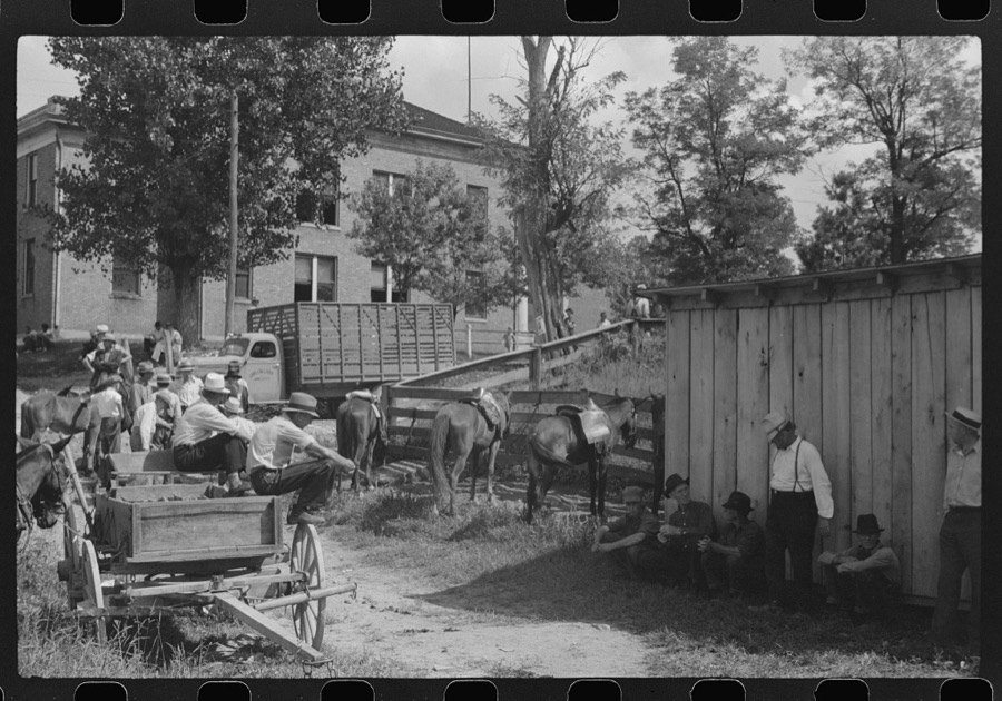 "Jockey" Street, near the courthouse. Here is where mountaineers and farmers trade horses and mules. Campton, Wolfe County, Kentucky