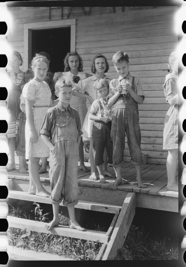 Mountain children on steps of school in Breathitt County, Kentucky