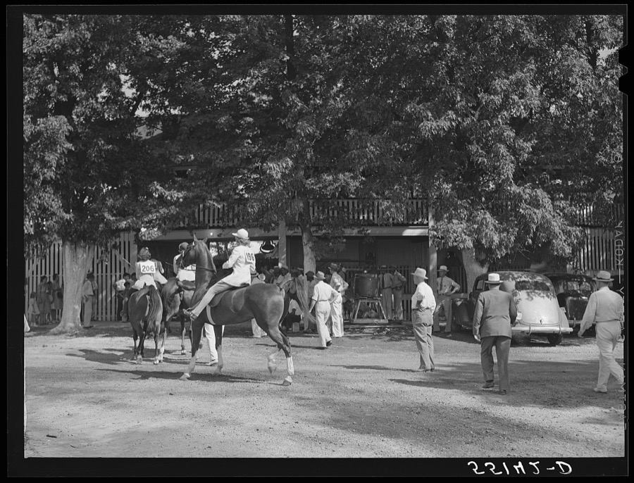 Entries in the best horsemanship class going into the ring at the Shelby County horse show and fair. Shelbyville, Kentucky