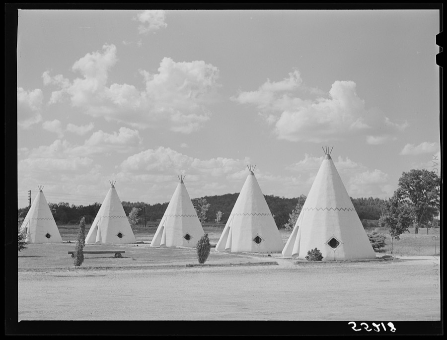 Cabins imitating the Indian teepee for tourists along highway south of Bardstown, Kentucky