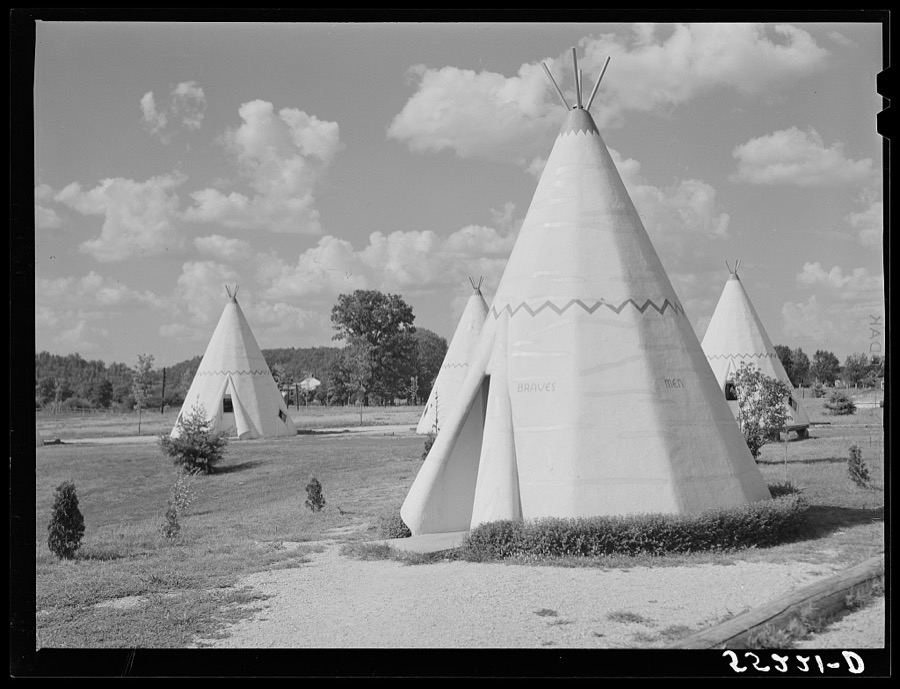 Cabins imitating the Indian teepee for tourists along highway south of Bardstown, Kentucky