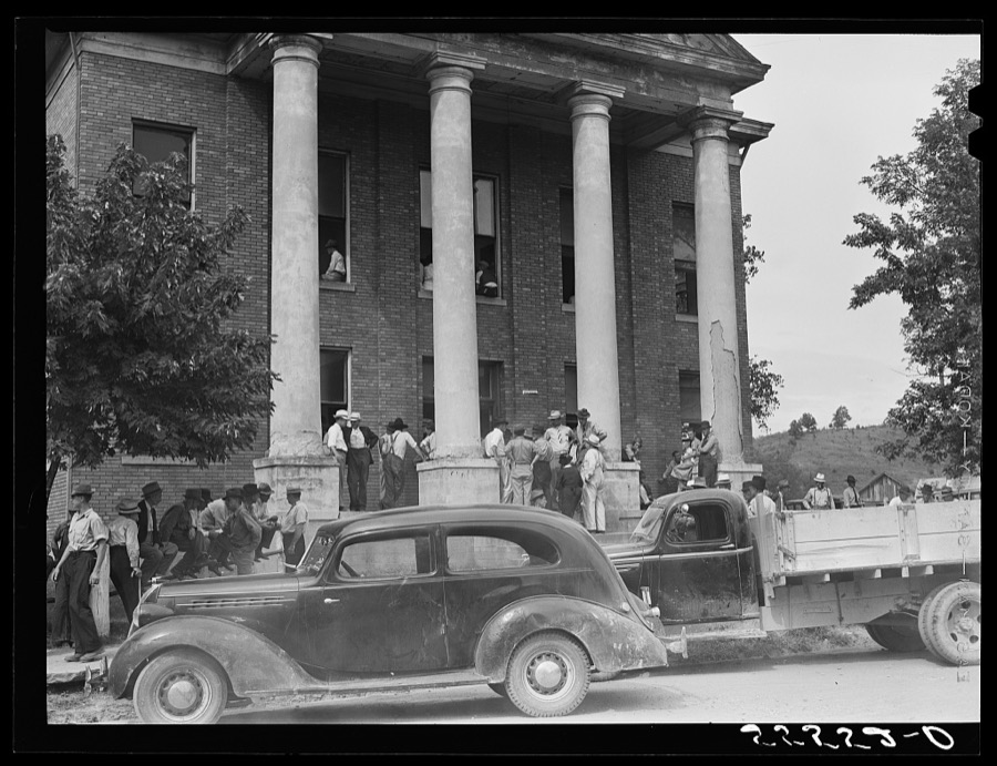 Farmers and townspeople in front of courthouse on court day. Campton, Kentucky
