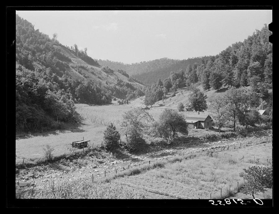 General landscape near Hyden, Kentucky, showing mountain cabins, sheds and cornfields