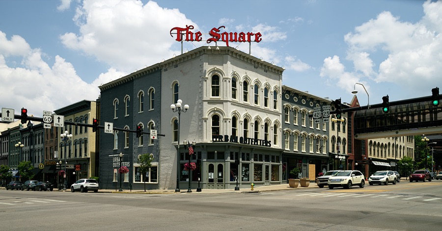 A downtown business block called The Square in Lexington, the second-largest city in the Mid-South U.S. city of Lexington, Kentucky