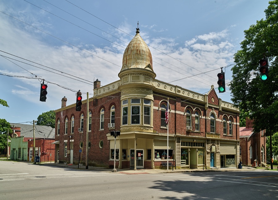 The Masonic Lodge building, completed in the late 1800s and later incorporating a U.S. Post Office branch, in Midway, Kentucky, a village of 1,500 or so people in the Mid-South U.S. state of Kentucky