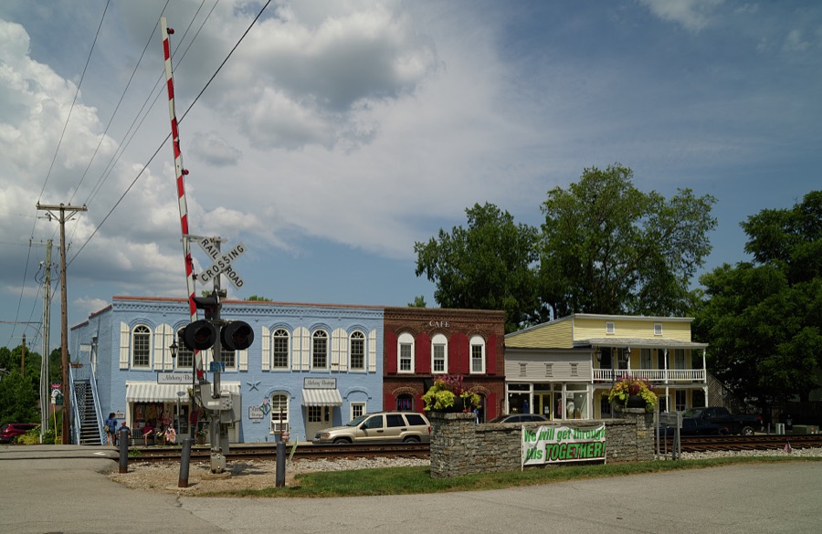 View of downtown Midway, Kentucky, a village of 1,500 or so people in the Mid-South U.S. state of Kentucky, in which train tracks bisect the main street