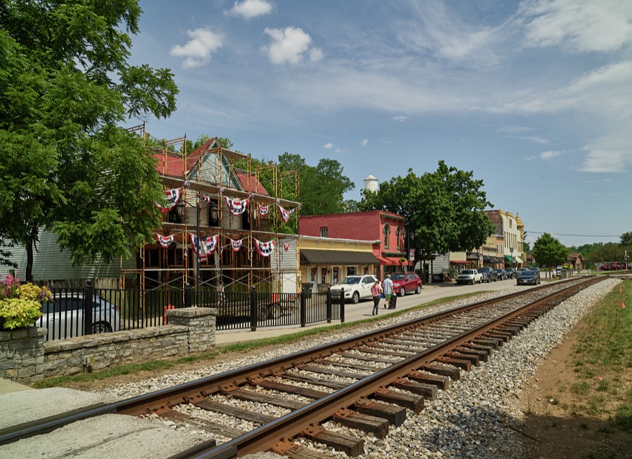 View of downtown Midway, Kentucky, a village of 1,500 or so people in the Mid-South U.S. state of Kentucky, in which train tracks bisect the main street