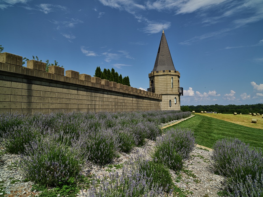 Turret and wall of The Castle, a luxury hotel and spa built in 1950 as a private residence near Versailles, Kentucky