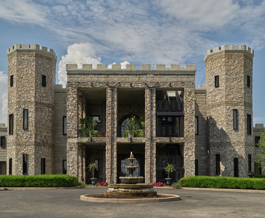 Entrance to The Castle, a luxury hotel and spa built in 1950 as a private residence near Versailles, Kentucky