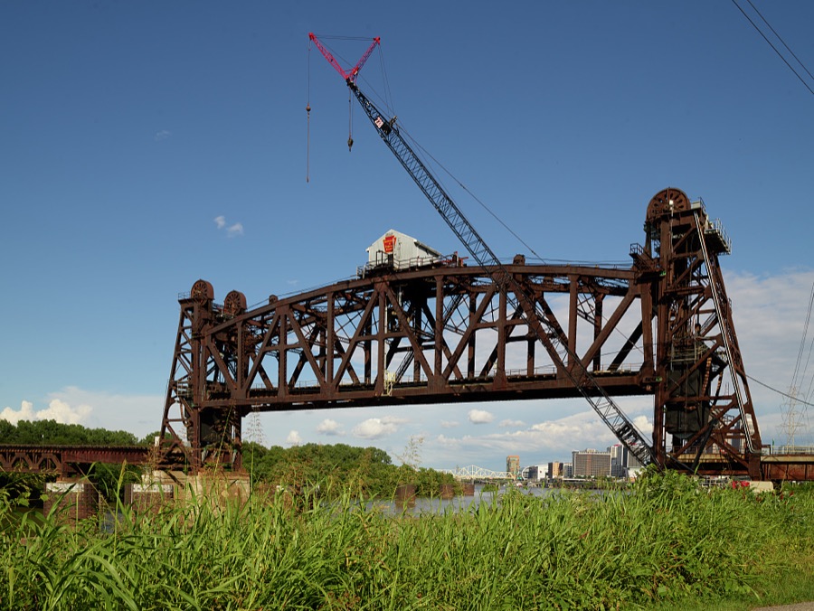 The Fourteenth Street Bridge, a historic railroad lift bridge over the Ohio River between in Louisville, Kentucky's largest city, and the opposite shore in Indiana