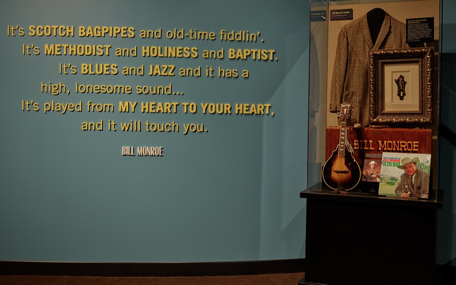 Display honoring the music, and thoughts, of Bill Monroe, remembered as the "Father of Bluegrass" music, at the Kentucky Bluegrass Museum in the Ohio River city of Owensboro, Kentucky's fourth-largest city