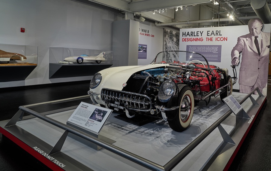 Exhibit of a 1953 convertible Corvette at the National Corvette Museum in Bowling Green, Kentucky
