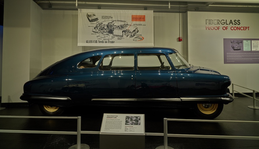 Exhibit of a 1946 "concept model" of the first all-fiberglass car at the National Corvette Museum in Bowling Green, Kentucky