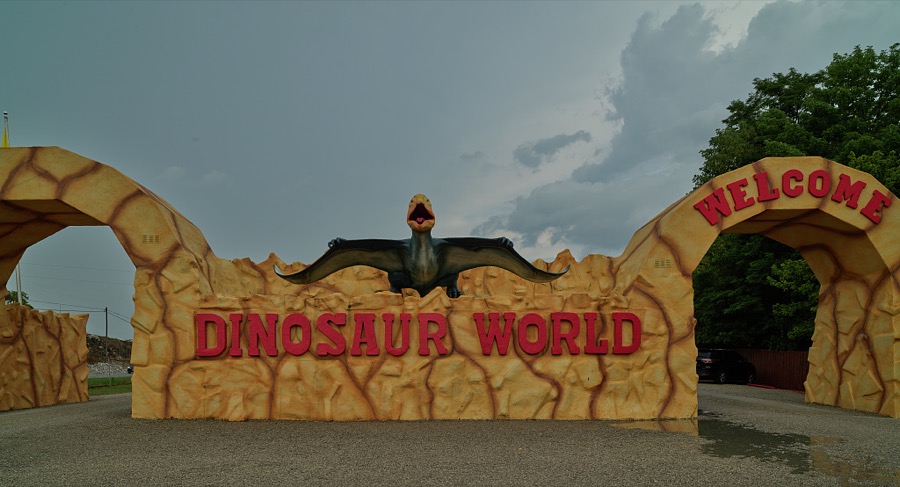 Entrance to Dinosaur World, one of several old-style roadside attractions in tiny Cave City, Kentucky, which is also home to a number of vintage hostelries for weary traveling families near Mammoth Cave National Park, one of the earliest tourist attrations in America