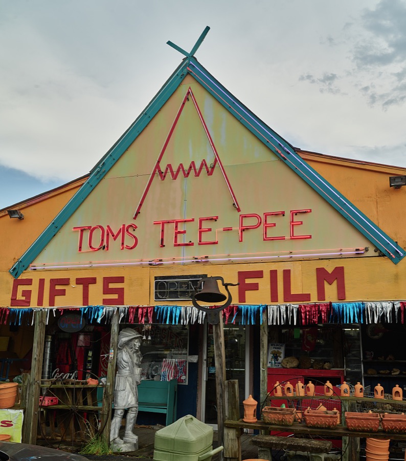 Tom's Tee-Pee souvenir shop, one of several old-style roadside attractions in tiny Cave City, Kentucky, which is also home to a number of vintage hostelries for weary traveling families near Mammoth Cave National Park, one of the earliest tourist attrations in America