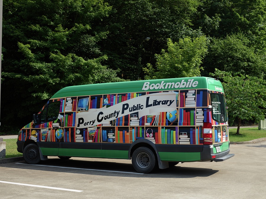 An appropriately decorated "Bookmobile" bus belonging to the Perry County Public Library in Hazard, a coal town of 4,500 or so population in the hills of southeastern Kentucky