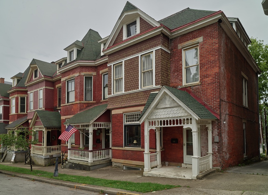 Row houses in Maysville, Kentucky, an Ohio River port city that, although home to fewer than 10,000 people, was several times a boomtown, shipping coal from Kentucky mines to the south, products made from hemp, tobacco from thriving farms along the river, and, notably, wrought iron forged locally