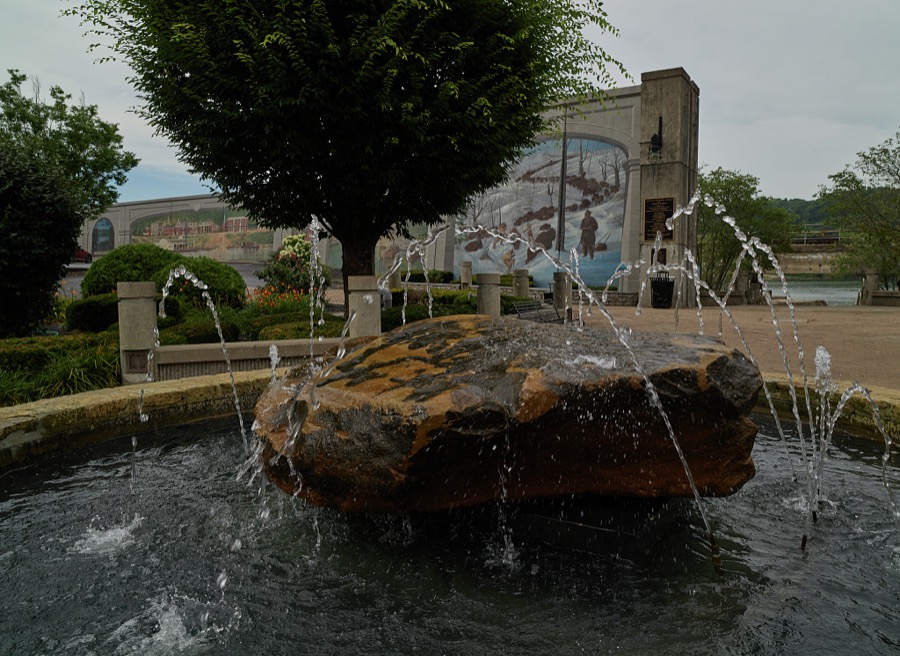 The Limestone Landing Fountain in Maysville, Kentucky, an Ohio River port city that, although home to fewer than 10,000 people, was several times a boomtown, shipping coal from mines to the south, so much tobacco that it ranked second in the world in looseleaf variety shipments, and wrought iron that decorated fashionable balconies as far away as New Orleans, Louisiana's, French Quarter