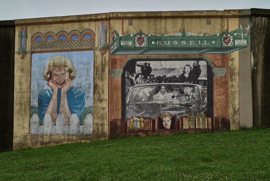A mural depicting a hometime legend, famed pop singer Rosemary Clooney, one of 10 panels painted by artist Robert Dalford and his team on panels along the Ohio River floodwall in Maysville, Kentucky