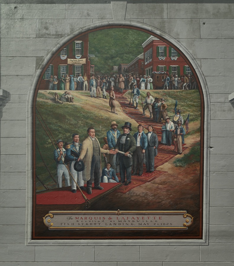 A mural depicting the 1825 visit of the Marquis de Lafayette to the city, one of 10 panels painted by artist Robert Dalford and his team on panels along the Ohio River floodwall in Maysville, Kentucky