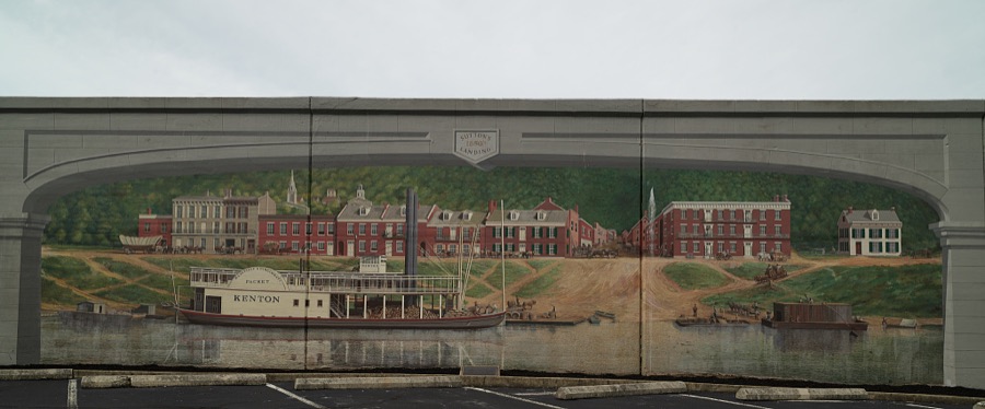 A mural depicting Front Street in 1850, one of 10 panels painted by artist Robert Dalford and his team on panels along the Ohio River floodwall in Maysville, Kentucky