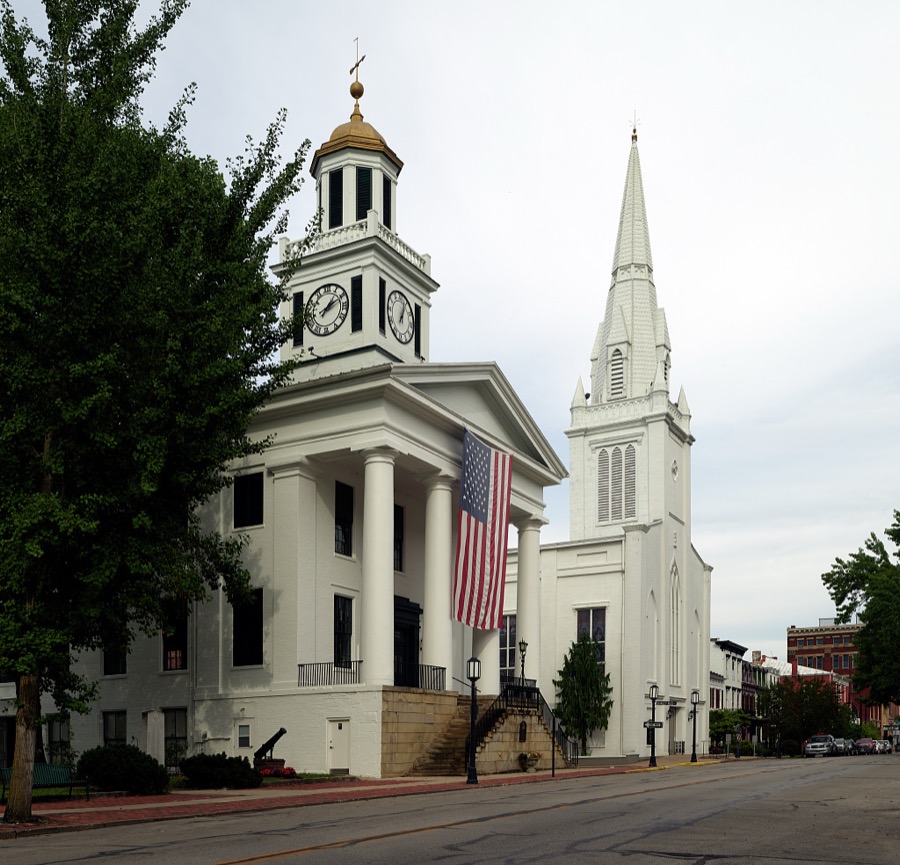 The 1850 Gothic Revival-style First Presbyterian Church in Maysville, Kentucky, an Ohio River port city that, although home to fewer than 10,000 people, was several times a boomtown, shipping coal from mines to the south, so much tobacco that it ranked second in the world in looseleaf variety shipments, and wrought iron that decorated fashionable balconies as far away as New Orleans, Louisiana's, French Quarter