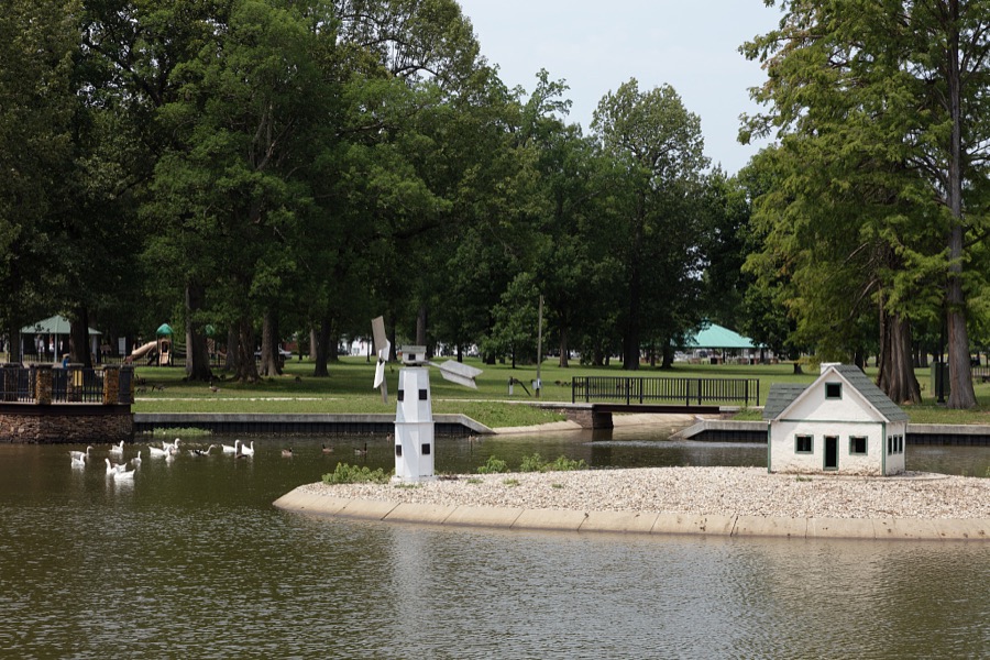 Swans and a few ducks glide across a lagoon in Bob Noble Park in Paducah, a Kentucky city at the confluence of the Ohio and Tennessee rivers