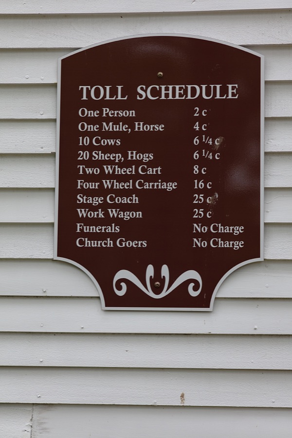 Free schedule on a tollhouse from the old Maysville-to-Louisville Road in the 18th Century, in Old Washington, once a stand-alone Kentucky settlement now (as of 2020) incorporated into the Ohio River city of Maysville