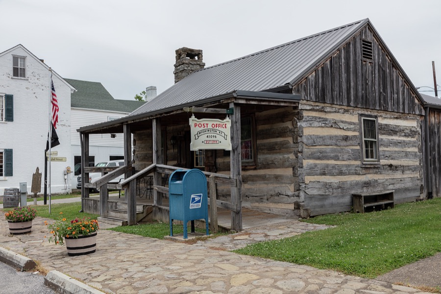 An old cabin turned U.S. post office, dating to 1794 in Old Washington, once a stand-alone Kentucky settlement now (as of 2020) incorporated into the Ohio River city of Maysville
