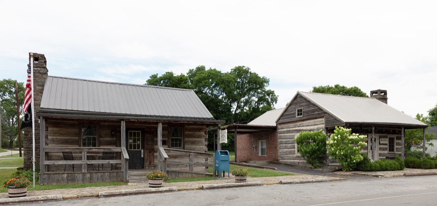 Two old cabins, including one (left) turned into a U.S. post office, dating to 1794 in Old Washington, once a stand-alone Kentucky settlement now (as of 2020) incorporated into the Ohio River city of Maysville