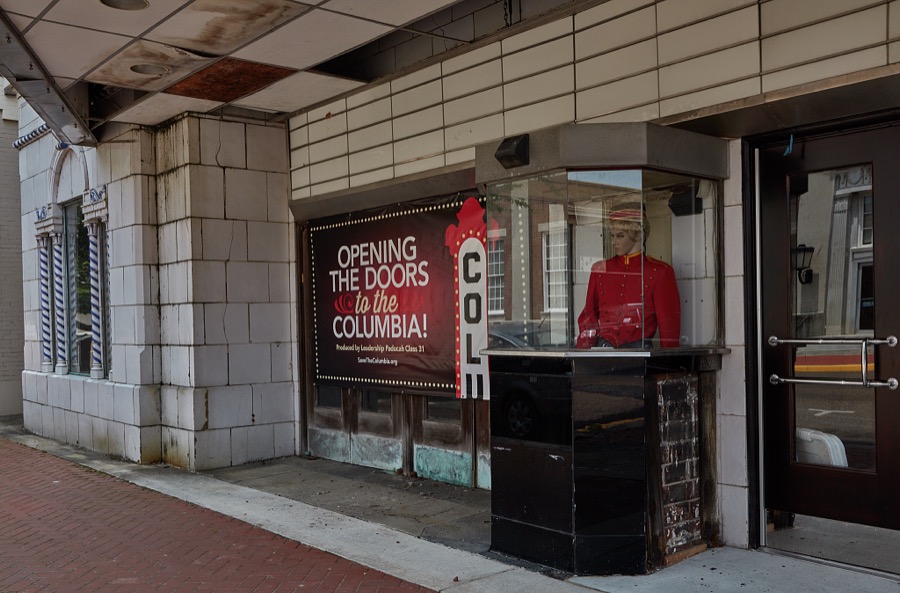 Ticket booth "staffed" by a mannequin at the Columbus Theatre in Paducah, a Kentucky city at the confluence of the Ohio and Tennessee rivers