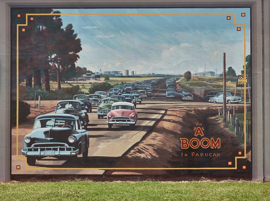 One of several panoramic "Wall to Wall murals," as they're called, created by artist Robert Dafford and his team, that line the floodwall in Paducah, a Kentucky city at the confluence of the Ohio and Tennessee rivers