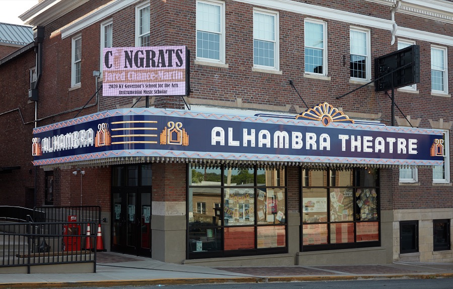 Entrance to the 1928 Alhambra Theater, a historic movie house turned live entertainment venue managed by the area's Pennyroyal Arts Council, in Hopkinsville, a western Kentucky town near the Tennessee border