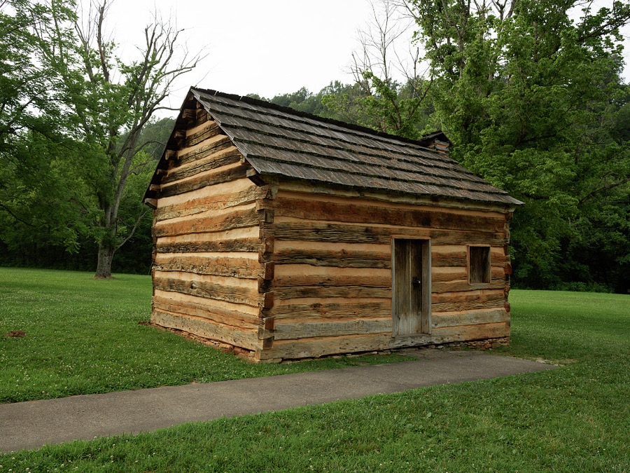A replica of the small cabin where Abraham Lincoln, as a child, and his family lived near Knob's Creek, outside the town of Hodgenville, Kentucky