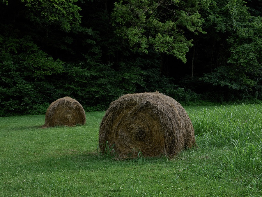 Hay rolls in a field behind a replica of the small cabin where Abraham Lincoln, as a child, and his family lived near Knob's Creek, outside the town of Hodgenville, Kentucky