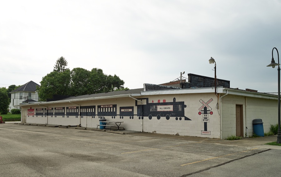 Train-themed wall drawing at the Kentucky Railroad Museum in New Haven, Kentucky