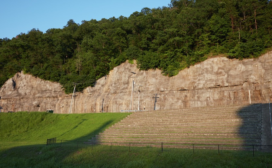 A sheer hillside in Pikeville, Kentucky, has been tamed to accommodate seating at a downtown drag-racing strip